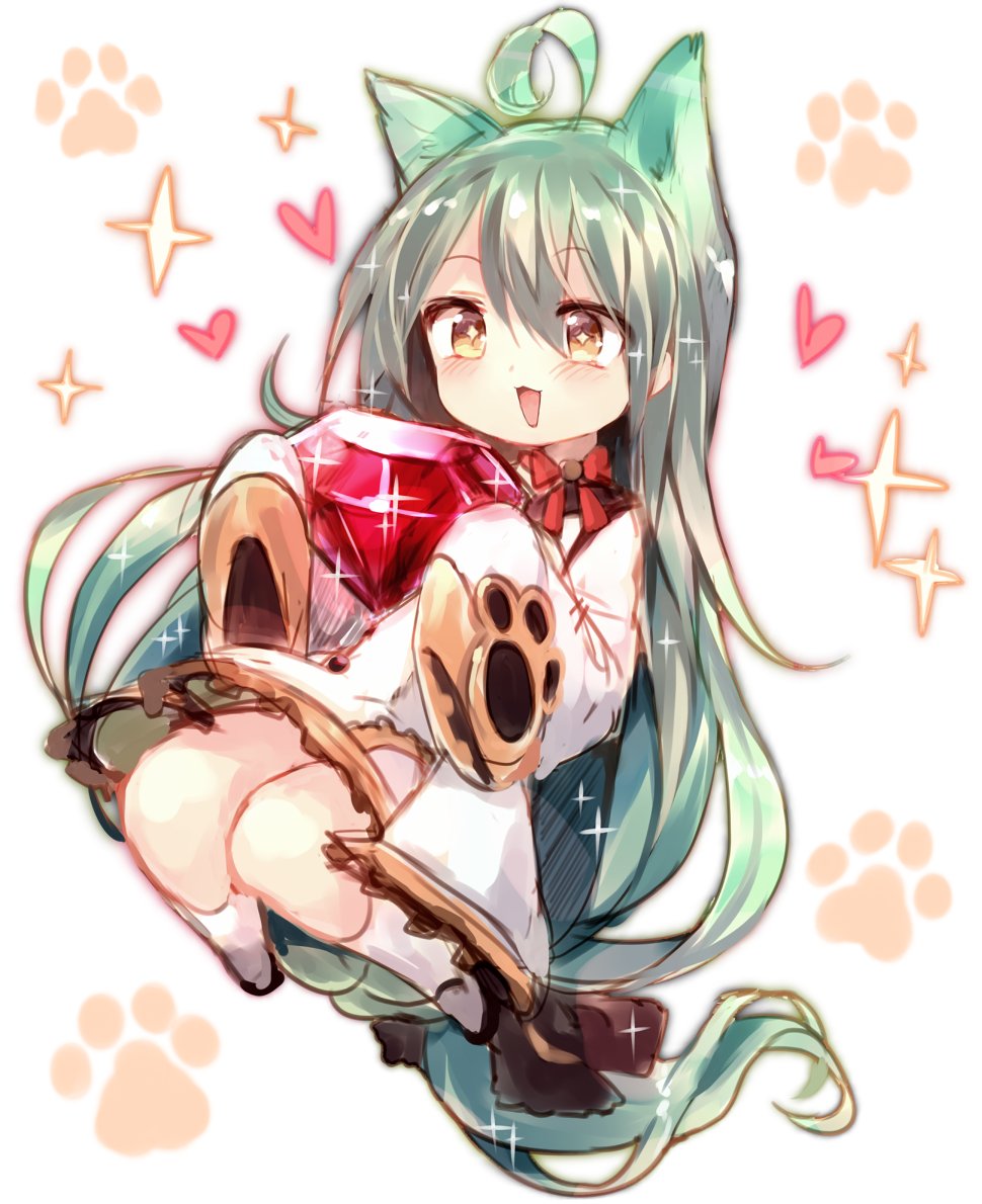 1girl :3 :d ahoge akashi_(azur_lane) animal_ears azur_lane bangs blush blush_stickers cat_ears cat_paw commentary_request eyebrows_visible_through_hair full_body gem green_eyes green_hair heart holding kneehighs long_hair long_sleeves open_mouth paw_print ribbon sleeves_past_fingers sleeves_past_wrists smile sparkle sparkling_eyes sukemyon very_long_hair yellow_eyes