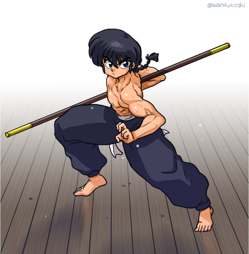 holding holding_weapon male_focus muscle ranma_1/2 saotome_ranma shirtless solo staff sweat wanta_(futoshi) weapon