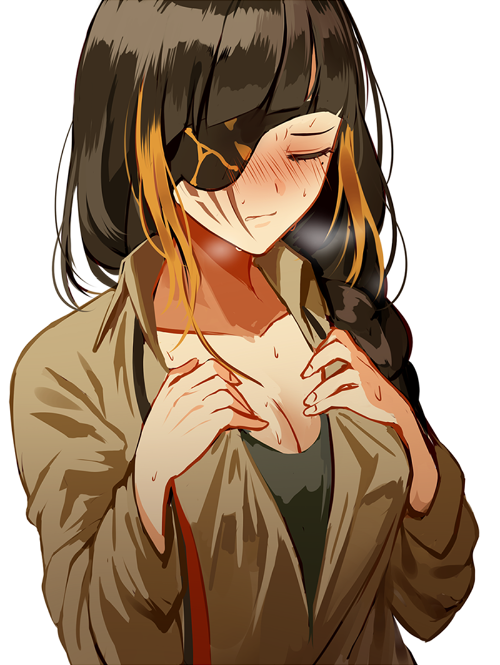 black_hair blonde_hair blush braid breasts cleavage closed_eyes collared_shirt eyepatch facial_scar girls_frontline hands_on_own_chest large_breasts long_hair long_sleeves m16a1_(girls_frontline) multicolored_hair scar scar_across_eye shirt silence_girl simple_background solo streaked_hair sweat