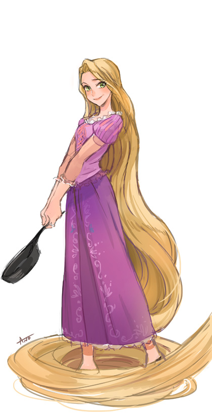 absurdly_long_hair ano_(sbee) artist_name barefoot blonde_hair disney dress eyebrows_visible_through_hair frying_pan green_eyes happy long_hair long_sleeves looking_away puffy_sleeves purple_dress rapunzel_(disney) simple_background smile solo standing tangled very_long_hair white_background