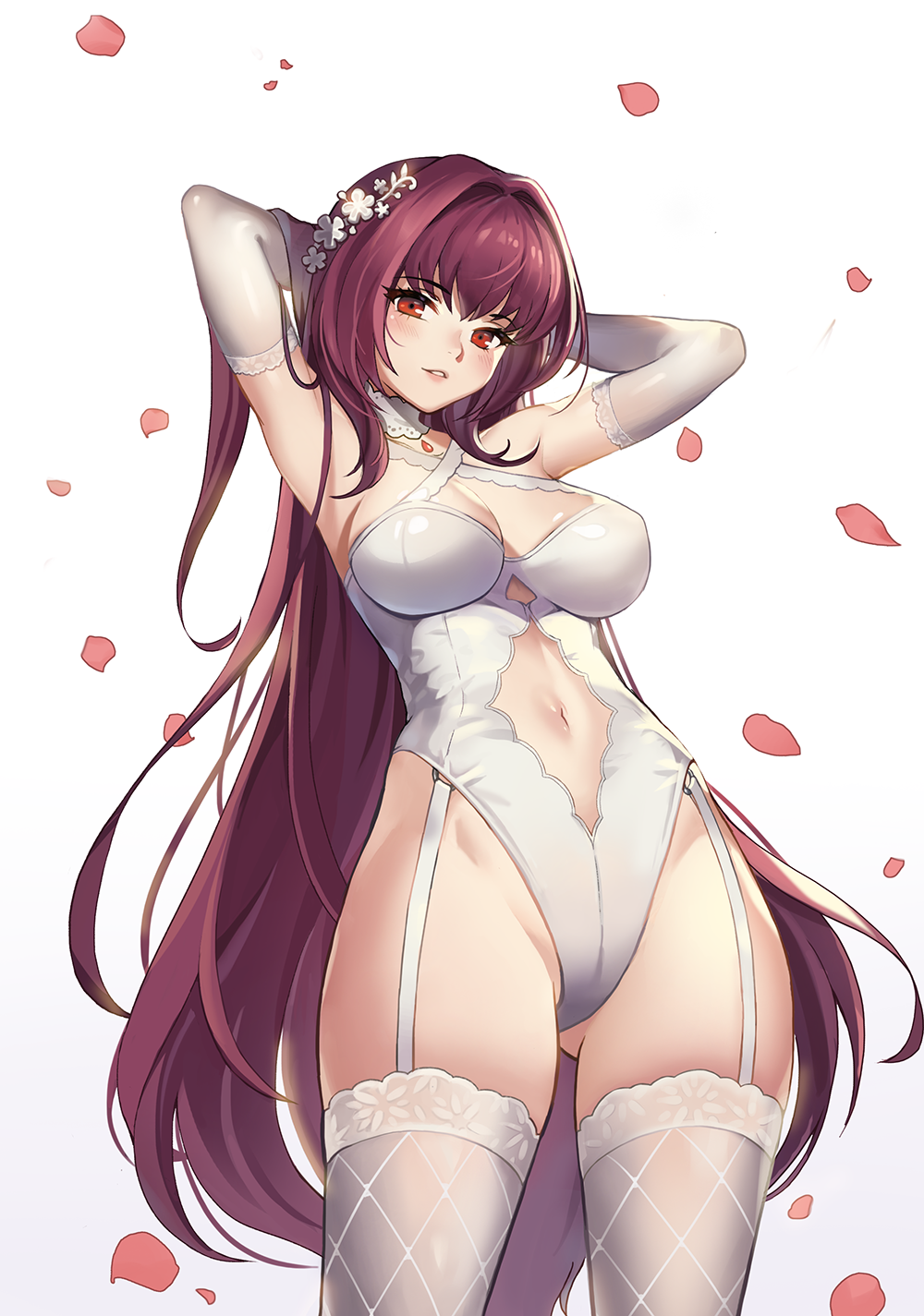 armpits arms_up bangs blush breasts cleavage commentary criss-cross_halter detached_collar elbow_gloves eyebrows_visible_through_hair fate/grand_order fate_(series) garter_straps gloves hair_intakes hair_ornament halterneck highleg highleg_leotard highres hips jewelry lace lace-trimmed_thighhighs large_breasts leotard long_hair looking_at_viewer navel navel_cutout parted_lips pendant petals purple_hair red_eyes romiya scathach_(fate)_(all) scathach_(fate/grand_order) simple_background smile solo standing thighhighs thighs very_long_hair white_background white_gloves white_legwear white_leotard