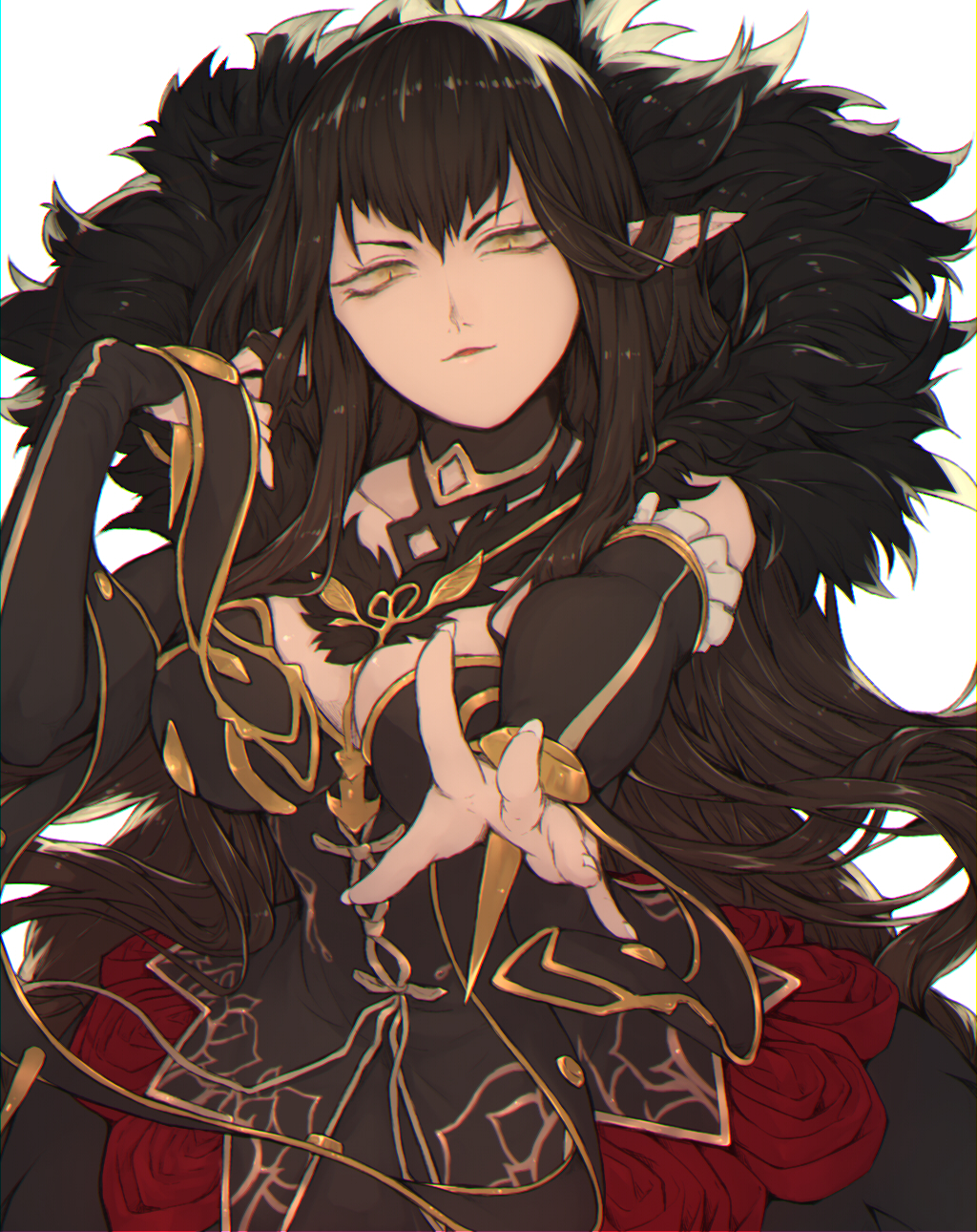 bad_id bad_pixiv_id bare_shoulders black_dress black_hair breasts bridal_gauntlets cleavage commentary_request cowboy_shot detached_collar detached_sleeves dress fate/apocrypha fate/grand_order fate_(series) fur_trim highres jewelry large_breasts long_dress long_hair looking_at_viewer necklace outstretched_arm outstretched_hand pointy_ears sanmon_(mekko0929) semiramis_(fate) solo spikes very_long_hair yellow_eyes