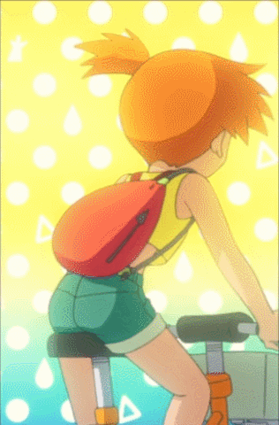 1girl animated animated_gif backpack bicycle blue_eyes crop_top kasumi_(pokemon) pokemon red_hair shorts suspenders tagme