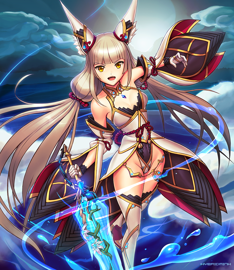 animal_ears bangs bare_shoulders blade blue_sky blunt_bangs boots breasts cleavage cloud commentary detached_sleeves dress feet_out_of_frame gem gloves groin hair_ornament hybridmink jewelry long_hair long_sleeves looking_at_viewer low_twintails niyah ocean off_shoulder open_mouth silver_hair sky small_breasts solo spoilers sword thigh_boots thighhighs twintails very_long_hair weapon wide_sleeves xenoblade_(series) xenoblade_2 yellow_eyes