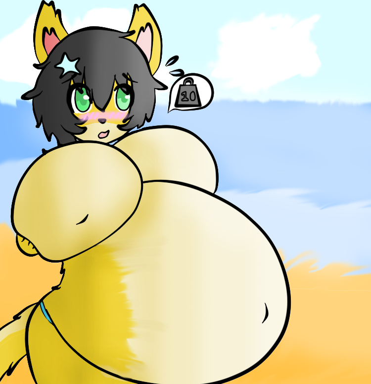 anthro belly big_belly big_breasts black_hair blush breasts cat catsikune catsikune_(character) clothed clothing crossdressing cute feline female fluffy fluffy_tail fur green_eyes hair huge_breasts hyper hyper_belly hyper_breasts hyper_inflation inflation male_pregnancy mammal navel panties pregnant solo squish squishy underwear yellow_fur