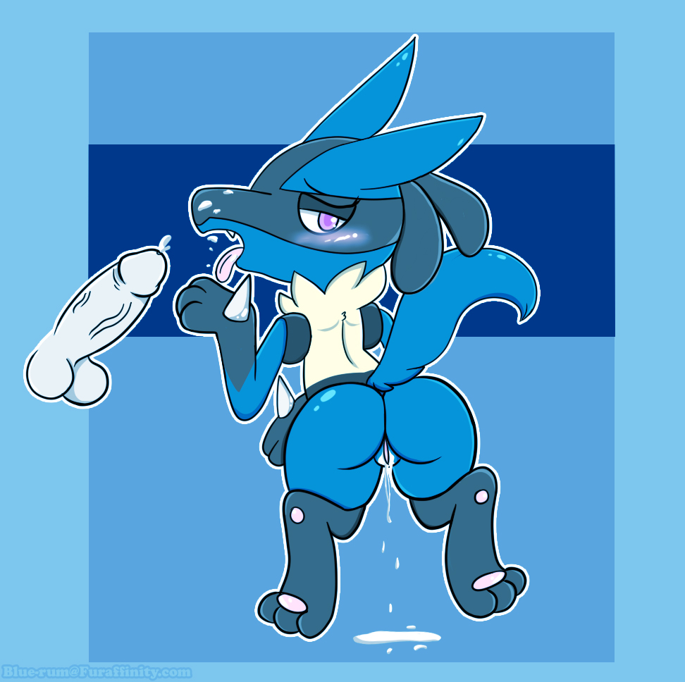 anthro balls blue-rum blush butt canine cum fangs female fluffy fluffy_tail looking_back lucario mammal nintendo nude paws penis pok&eacute;mon pok&eacute;mon_(species) pussy rear_view solo spike_(disambiguation) tongue tongue_out video_games watermark
