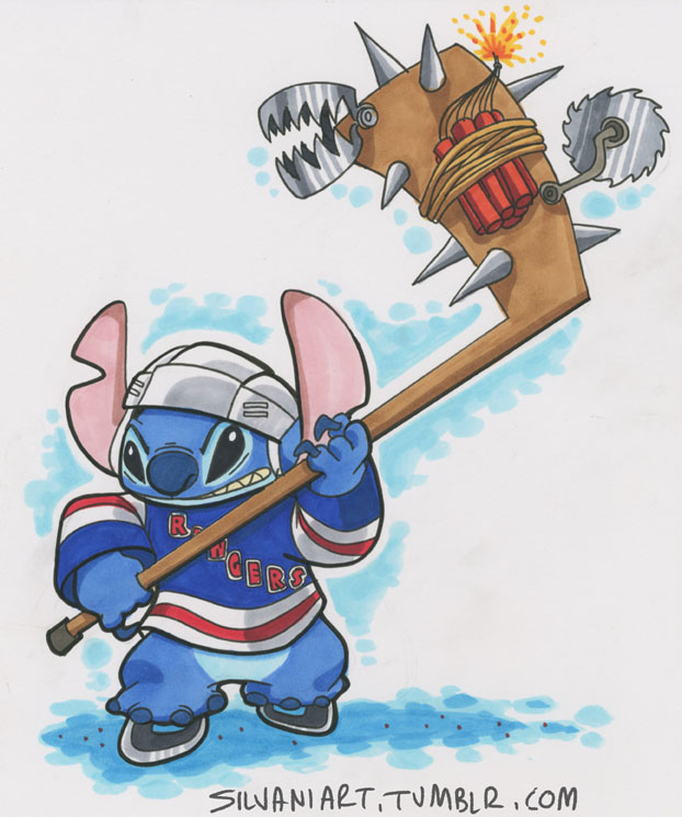 2013 4_fingers 4_toes alien armor bear_trap black_eyes blue_body blue_claws blue_nose bottomless buzzsaw claws clothed clothing disney dynamite experiment_(species) explosives helmet hockey hockey_stick holding_object ice_hockey ice_skates james_silvani jersey lilo_and_stitch new_york_rangers nhl sneer solo spikes sport stitch toes traditional_media_(artwork) trap_(contrivance) url