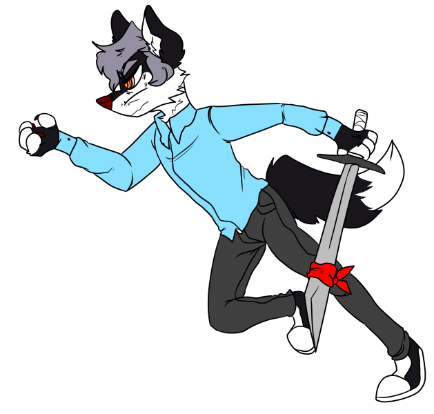 black_fur canine clothed clothing feline fox fur mammal melee_weapon running sword weapon