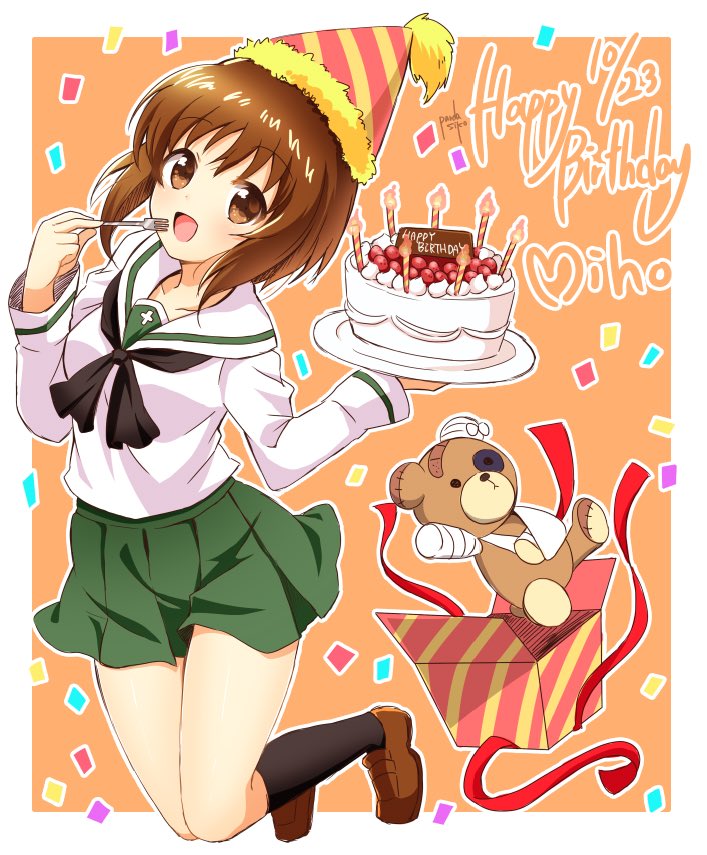:d artist_name bandaid bangs black_legwear black_neckwear blouse boko_(girls_und_panzer) brown_eyes brown_hair cake cast commentary confetti dated english eyebrows_visible_through_hair food fork gift girls_und_panzer green_skirt happy_birthday hat holding jumping loafers long_sleeves looking_at_viewer miniskirt neckerchief nishizumi_miho ooarai_school_uniform open_mouth orange_background outside_border parda_siko party_hat plate pleated_skirt school_uniform serafuku shoes short_hair signature skirt smile socks solo stuffed_animal stuffed_toy teddy_bear white_blouse