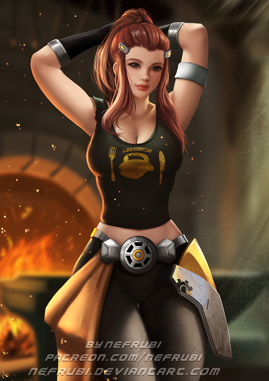 armpits arms_up breasts brigitte_(overwatch) brown_eyes brown_hair cleavage faulds fire freckles hair_ornament hairclip highres lips long_hair looking_at_viewer medium_breasts midriff nefrubi oven overwatch pants patreon_username ponytail shoulder_tattoo sidelocks smile solo tank_top tattoo