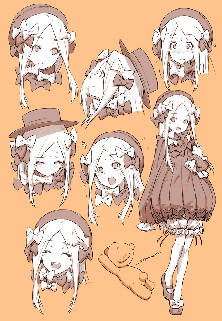 1girl :d ^_^ abigail_williams_(fate/grand_order) bangs bloomers blush bow brown_background chestnut_mouth closed_eyes closed_mouth dress eyebrows_visible_through_hair fate/grand_order fate_(series) forehead hair_bow hat kazuma_muramasa long_hair long_sleeves mary_janes monochrome multiple_views nose_blush object_hug open_mouth parted_bangs parted_lips profile shoes sidelocks signature simple_background sleeves_past_fingers sleeves_past_wrists smile standing standing_on_one_leg stuffed_animal stuffed_toy tears teddy_bear underwear upper_teeth very_long_hair
