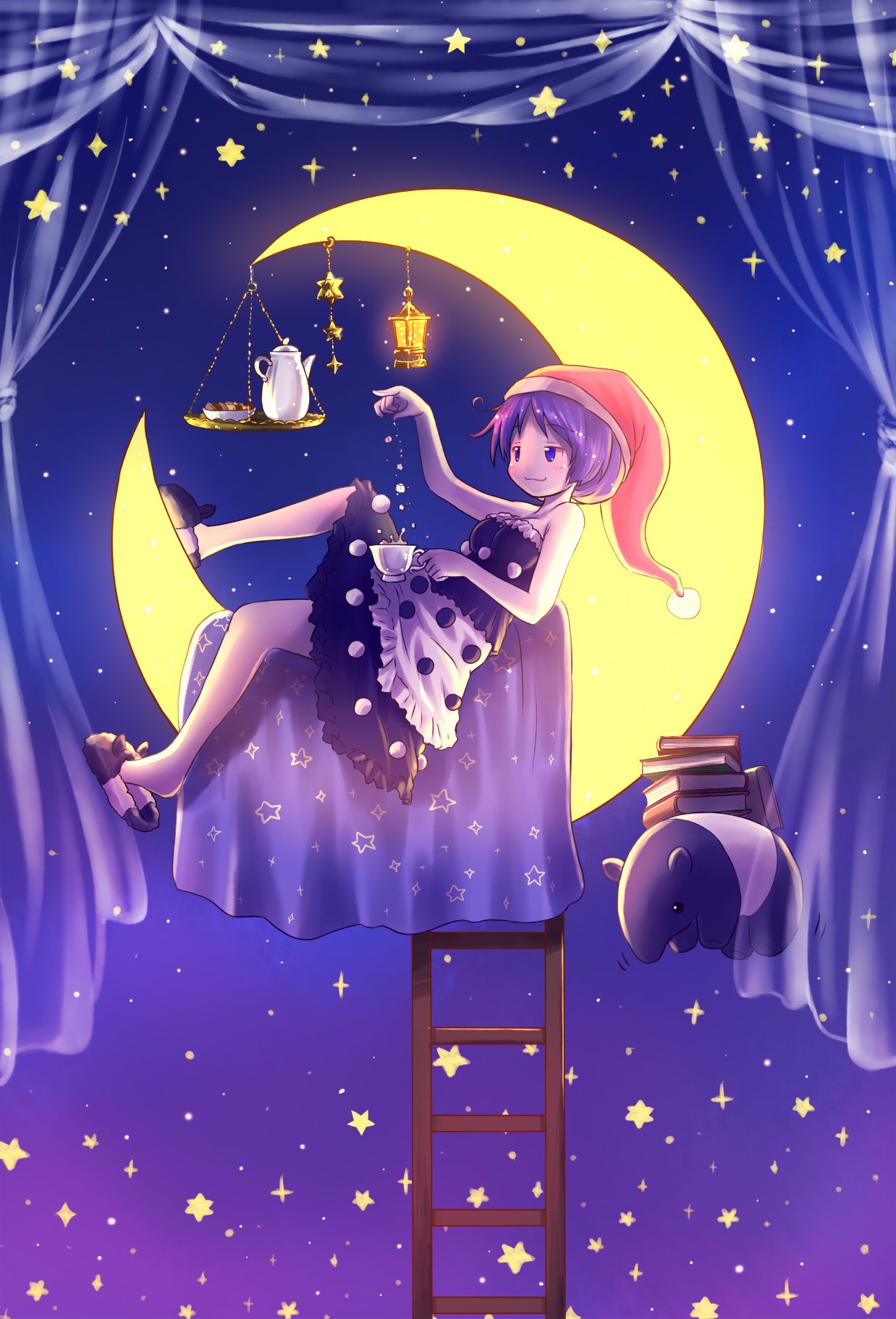 :3 animal arinu bare_legs bare_shoulders biscuit blue_eyes blue_hair blush book book_stack closed_mouth commentary_request crescent crescent_moon cup curtains doremy_sweet dress dropping eyebrows_visible_through_hair floating food hat highres kettle ladder lantern moon multicolored multicolored_clothes multicolored_dress night night_sky nightcap no_tail pom_pom_(clothes) reclining red_hat short_hair sitting_on_moon sky slippers solo splashing star star_(sky) strapless strapless_dress sugar_cube tapir tea teacup teapot touhou tray