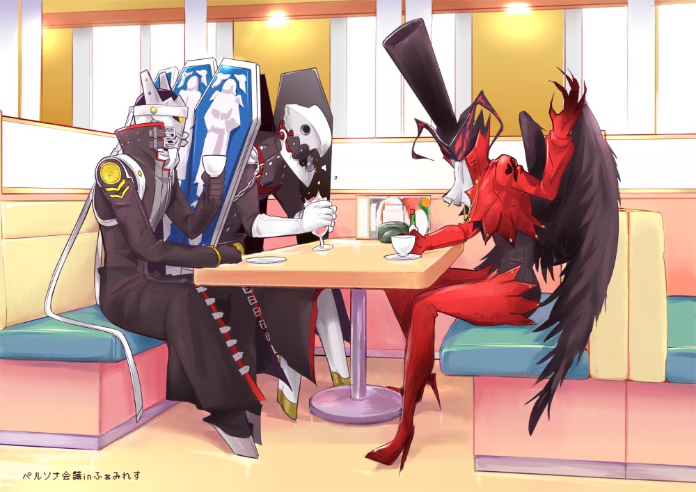 beckoning black_coat black_wings booth cravat crossover crushing cup diner drinking_glass gloves hat high_heels izanagi jacket long_coat looking_at_viewer no_humans persona persona_3 persona_4 persona_5 red_jacket saucer shield shiweru sitting teacup thanatos top_hat translated white_gloves wings yellow_eyes
