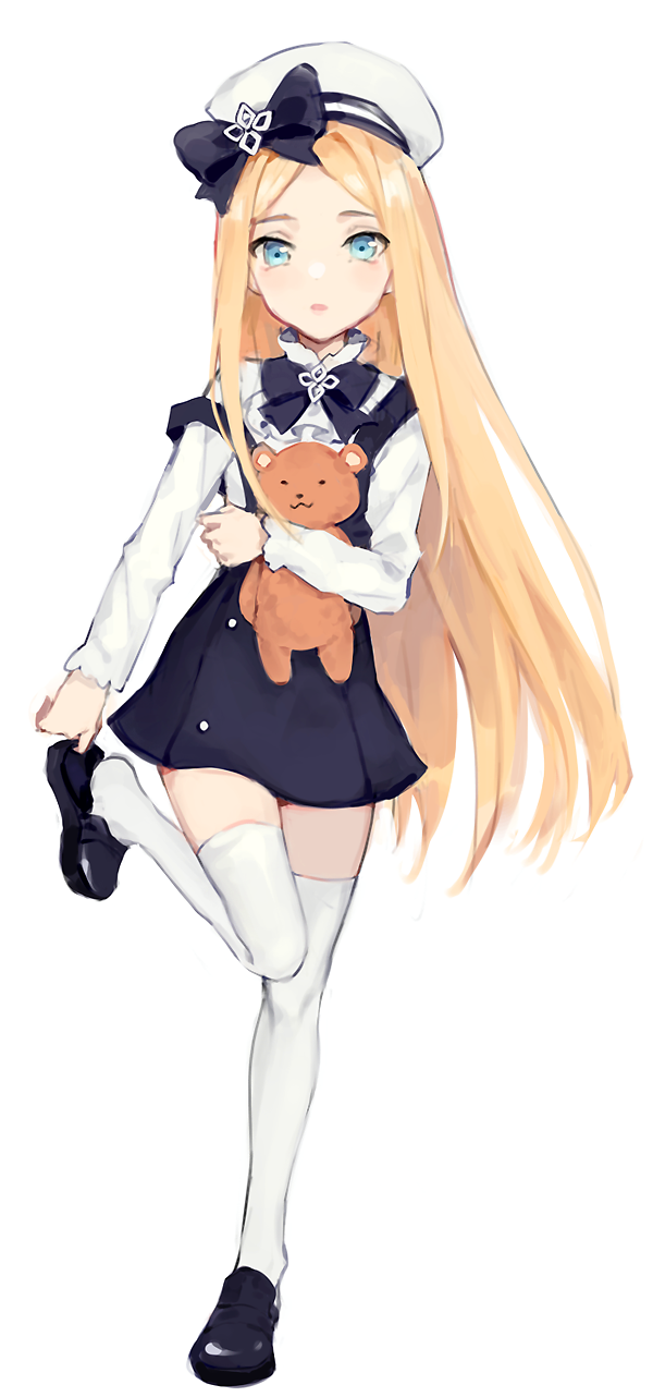 :3 abigail_williams_(fate/grand_order) alternate_costume bangs beret black_bow black_dress black_footwear blonde_hair blue_eyes bow commentary_request dress fate/grand_order fate_(series) full_body hat hat_bow highres loafers long_hair long_sleeves looking_at_viewer nara_(syrufruit) object_hug parted_bangs parted_lips shirt shoes sleeveless sleeveless_dress solo standing standing_on_one_leg stuffed_animal stuffed_toy teddy_bear thighhighs very_long_hair white_hat white_legwear white_shirt