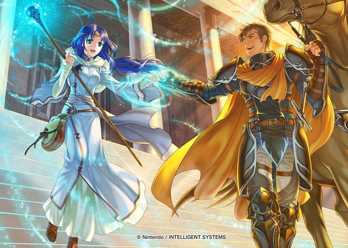 1girl animal arm_guards armor bangs belt_pouch blue_eyes blue_hair breasts brown_hair commentary couple dress elena_(fire_emblem) feet_out_of_frame fingerless_gloves fire_emblem fire_emblem:_souen_no_kiseki fire_emblem_cipher gawain_(fire_emblem) gloves glowing greil hetero holding holding_hands horse jewelry kita_senri long_hair long_sleeves medium_breasts official_art open_mouth outdoors pants pouch sheath sheathed short_hair shoulder_armor shoulder_pads smile staff tiara weapon wide_sleeves