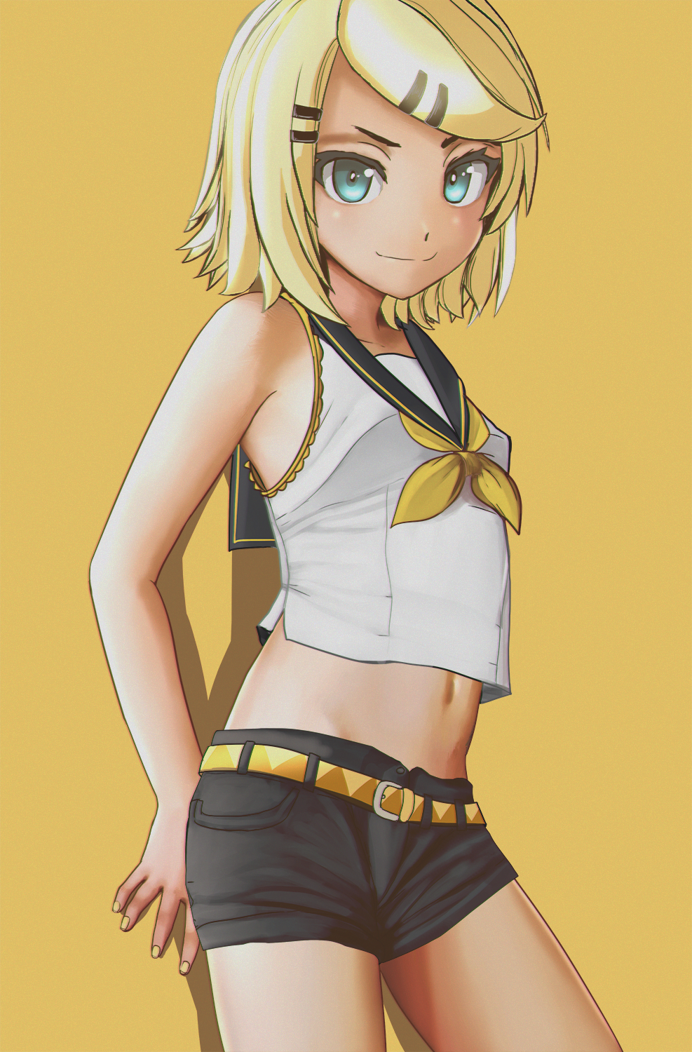 armad bad_id bad_pixiv_id bare_shoulders belt black_shorts blonde_hair blue_eyes blush breasts crop_top hair_ornament highres kagamine_rin looking_at_viewer midriff navel neckerchief shirt short_hair short_shorts shorts simple_background sleeveless sleeveless_shirt small_breasts smile solo standing vocaloid white_shirt yellow_background yellow_neckwear