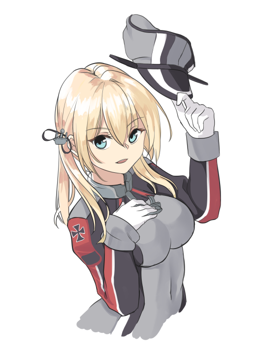 blonde_hair blue_eyes gloves hair_between_eyes hat hat_removed hat_tip headwear_removed holding holding_hat kantai_collection long_hair long_sleeves low_twintails military military_uniform open_mouth peaked_cap prinz_eugen_(kantai_collection) simple_background smile solo tiasis twintails uniform white_background white_gloves