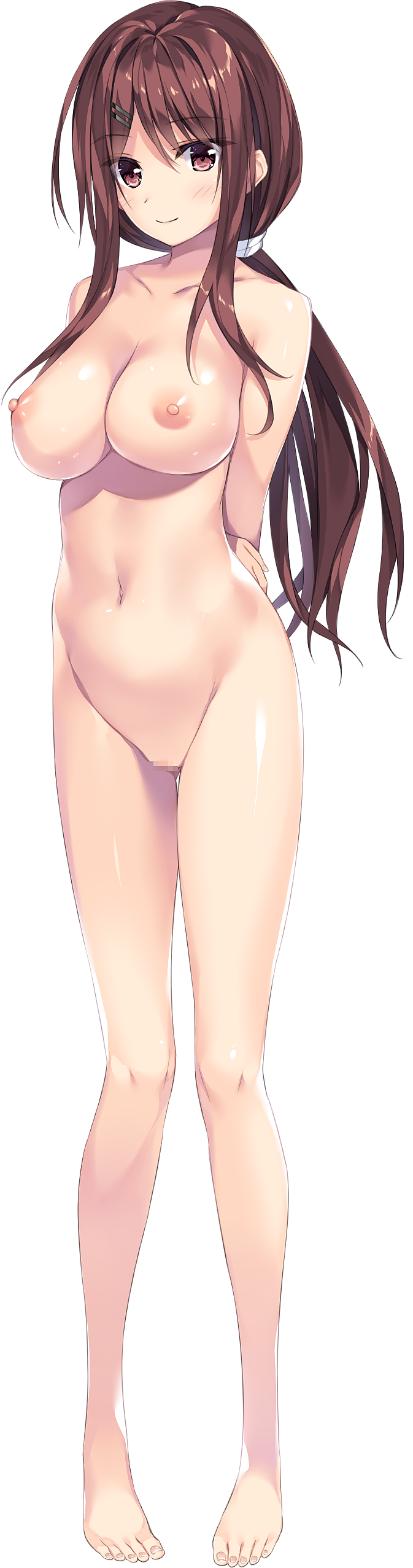 absurdres arms_behind_back ass_visible_through_thighs barefoot bosei_kanojo_-shikyuu_kikan-hen- breasts brown_eyes brown_hair censored collarbone eyebrows_visible_through_hair full_body hair_ornament hairclip highres large_breasts long_hair looking_at_viewer mosaic_censoring navel nipples non-web_source nude official_art oryou ponytail pussy shiny shiny_skin smile solo standing tachibana_miori transparent_background