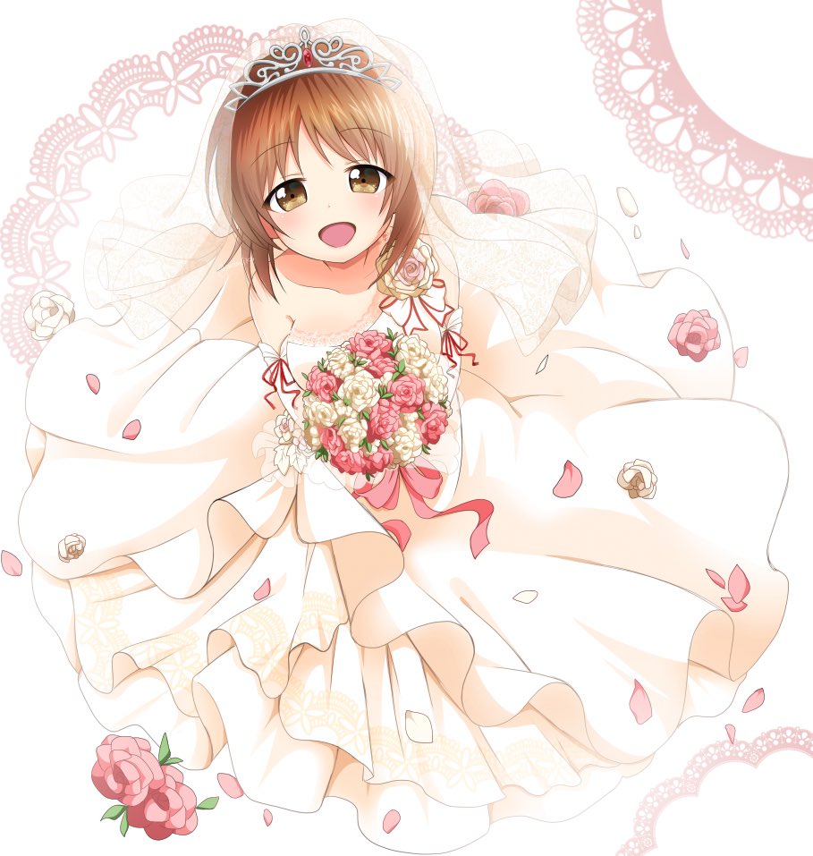 :d bangs bouquet brown_eyes brown_hair commentary dress elbow_gloves eyebrows_visible_through_hair flower flower_request from_above girls_und_panzer gloves holding long_dress looking_at_viewer looking_up nishizumi_miho open_mouth parda_siko petals short_hair smile solo standing tiara wedding wedding_dress white_background white_dress white_gloves