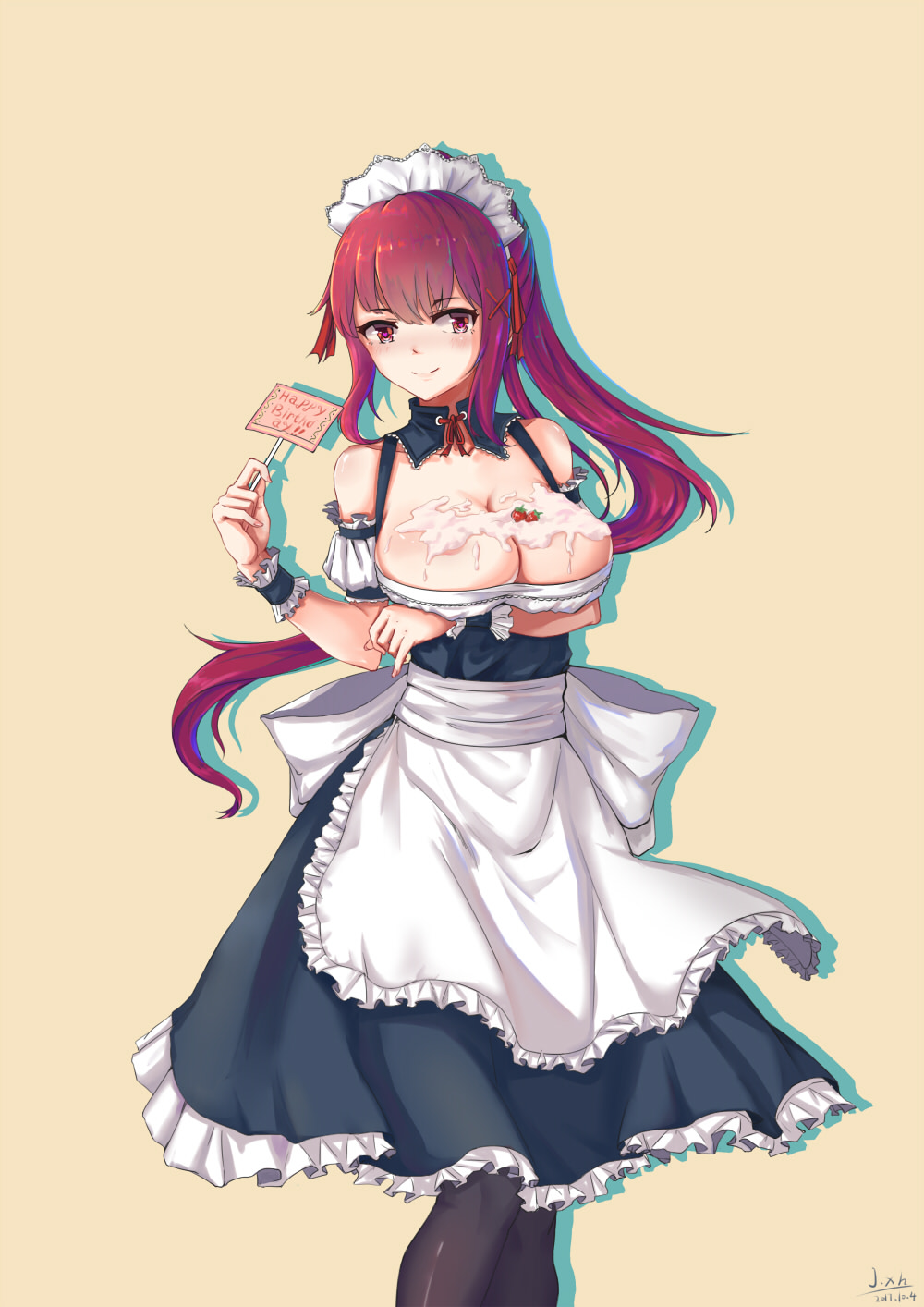 apron bare_shoulders blush breasts cleavage cream frills highres j.xh large_breasts long_hair looking_at_viewer original ponytail red_eyes red_hair sexually_suggestive solo suggestive_fluid