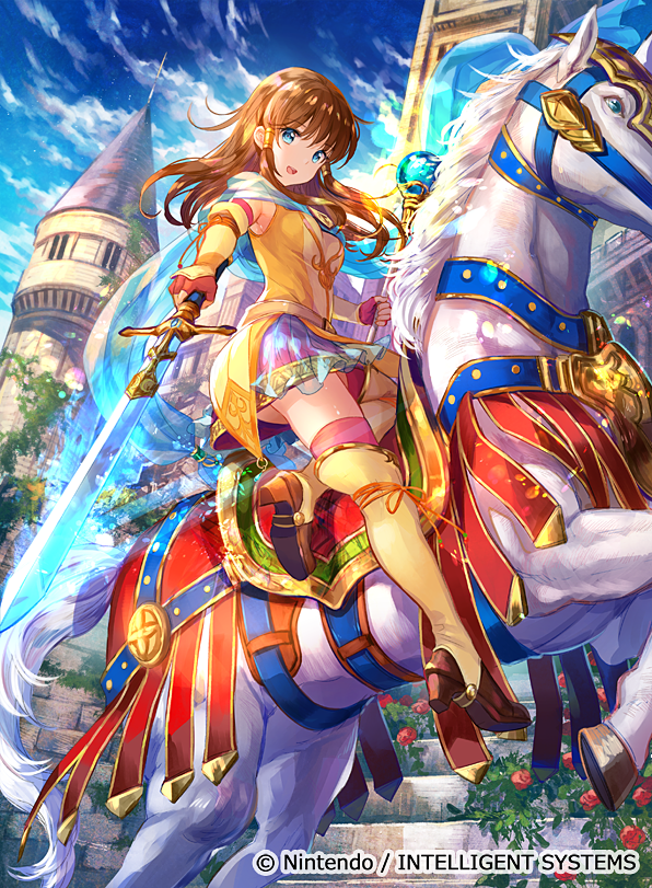 animal bangs blue_eyes blue_sky breasts brown_hair cloud cloudy_sky commentary company_connection copyright_name day eyebrows_visible_through_hair fingerless_gloves fire_emblem fire_emblem:_akatsuki_no_megami fire_emblem:_souen_no_kiseki fire_emblem_cipher flower fuji_choko gloves holding holding_sword holding_weapon horse long_hair looking_at_viewer medium_breasts mist_(fire_emblem) official_art open_mouth outdoors pleated_skirt riding rose skirt sky staff sword thighhighs weapon zettai_ryouiki