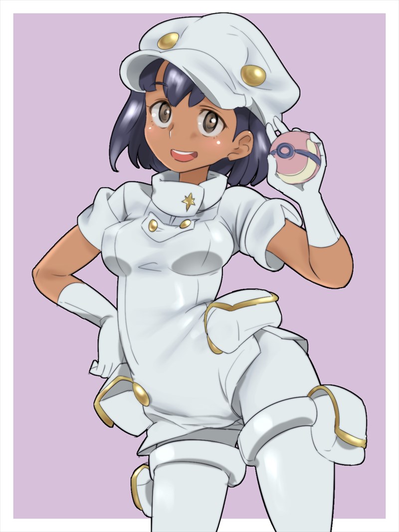 :d aether_foundation_employee aether_foundation_uniform bangs black_hair blush breasts brown_eyes contrapposto dark_skin eyebrows eyebrows_visible_through_hair gloves hand_on_hip hat heal_ball holding holding_poke_ball legs_apart medium_breasts open_mouth pantyhose poke_ball pokemon pokemon_(game) pokemon_sm pouch short_hair short_jumpsuit short_sleeves smile solo standing teeth tongue white_gloves white_hat white_legwear zaitsu