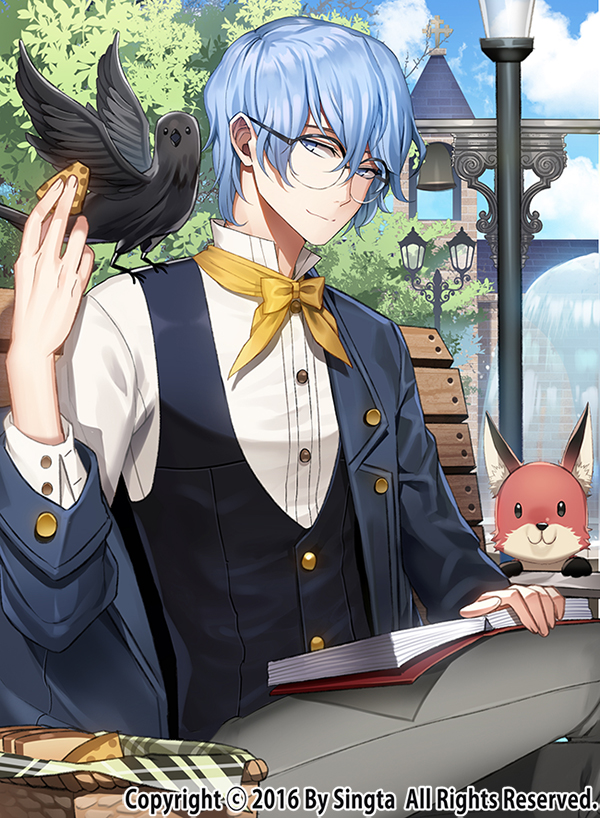 bad_id bad_pixiv_id bangs bench bird blazer blue_eyes blue_hair blue_vest book buttons carchet closed_mouth cloud commentary_request copyright_name day food glasses holding holding_book holding_food jacket lamppost looking_at_viewer male_focus open_book original outdoors shirt short_hair sid_story sitting sky solo table tree vest white_shirt wings yellow_neckwear