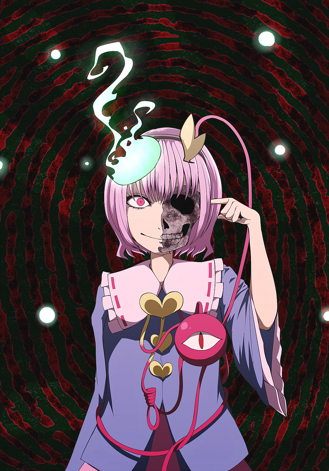 blue_shirt buttons closed_mouth collared_shirt commentary_request constricted_pupils cowboy_shot eyelashes finger_to_head fire frilled_shirt_collar frilled_sleeves frills hairband hand_up heart highres komeiji_satori light_particles looking_at_viewer pink_eyes pink_hair pink_skirt ribbon-trimmed_collar ribbon_trim shirt short_hair skirt skull solo standing tenkomori_(bug_kura) touhou