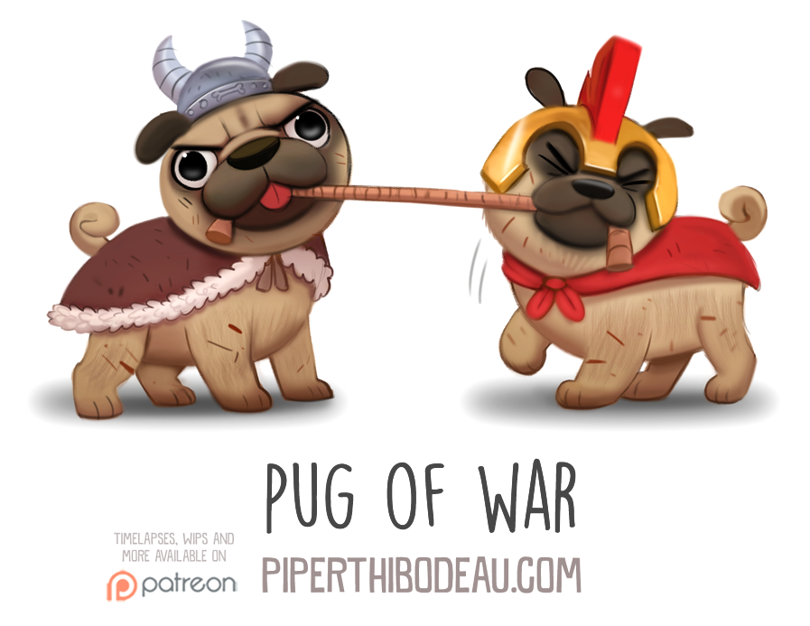 ambiguous_gender armor black_eyes black_fur blep brown_fur canine cape clothing cryptid-creations dog duo eyes_closed feral fur helmet horn humor mammal pug pun rope simple_background tongue tongue_out tug_of_war white_background