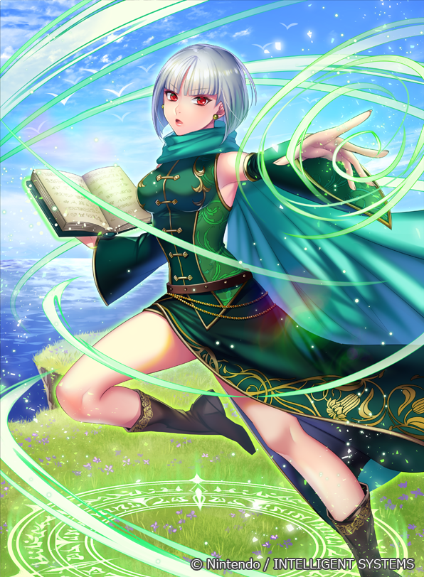 armpits bangs blue_sky book boots breasts cape cloud commentary company_name copyright_name day dress earrings eyebrows_visible_through_hair fetra_(fire_emblem) fingernails fire_emblem fire_emblem:_seisen_no_keifu fire_emblem_cipher grass holding holding_book jewelry knee_boots looking_at_viewer magic matsurika_youko medium_breasts ocean official_art open_book outdoors parted_lips red_eyes short_hair silver_hair sky sleeveless sleeveless_dress solo water wide_sleeves