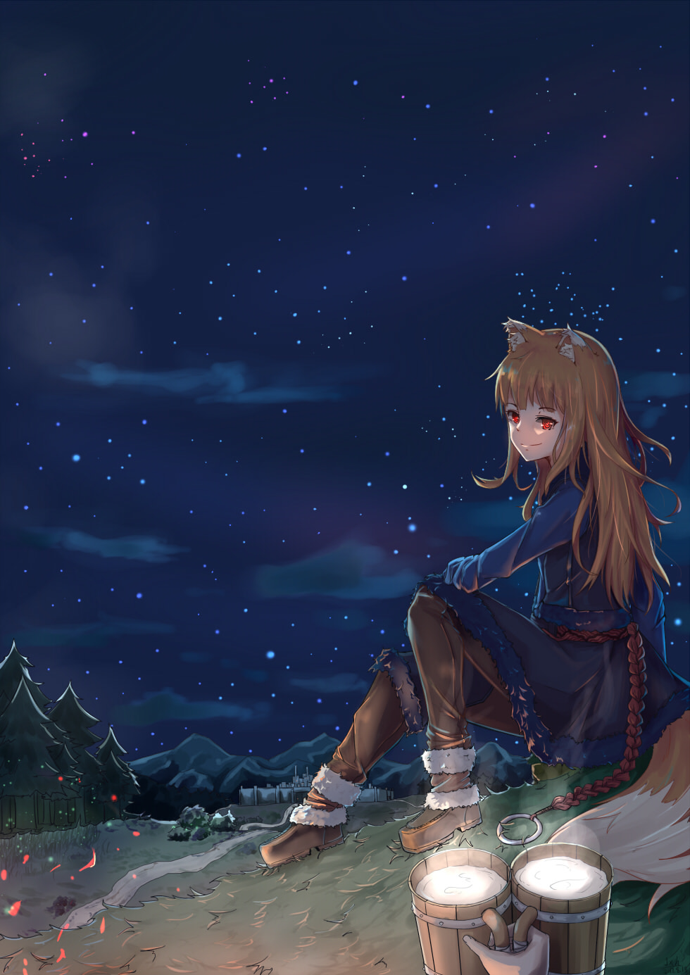 animal_ears belt blue_shirt brown_hair cloud cloudy_sky dirt_road forest fur-trimmed_boots fur-trimmed_skirt fur-trimmed_vest fur_trim highres holo j.xh long_hair nature night night_sky outdoors red_eyes shirt sitting sky smile solo spice_and_wolf star_(sky) tail wolf_ears wolf_girl wolf_tail