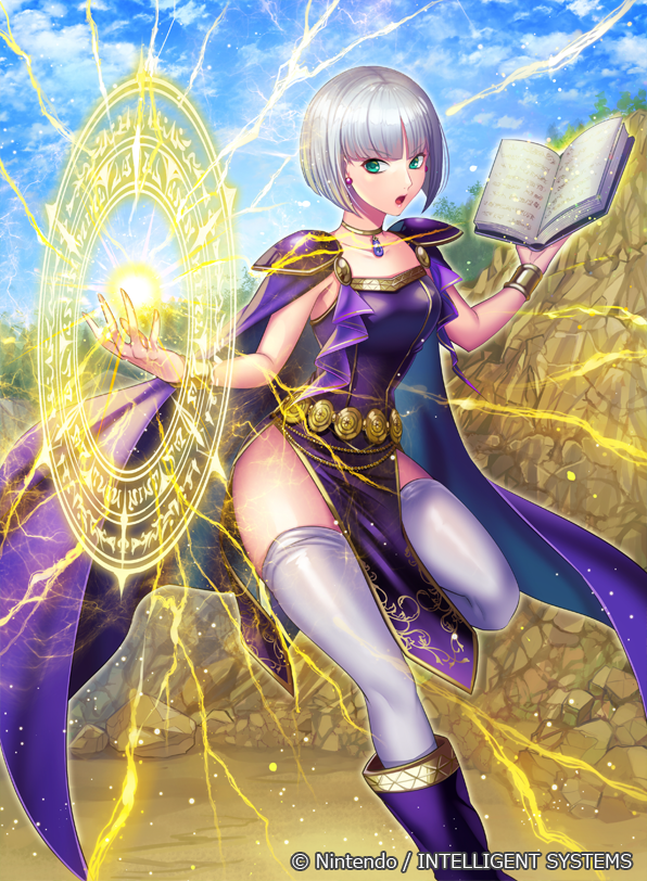 aqua_eyes book boots bracelet breasts cape cloud cloudy_sky commentary company_name copyright_name day dress earrings eliu_(fire_emblem) fingernails fire_emblem fire_emblem:_seisen_no_keifu fire_emblem_cipher holding holding_book jewelry knee_boots leg_up lightning magic matsurika_youko medium_breasts necklace official_art open_book open_mouth outdoors pelvic_curtain short_hair silver_hair sky sleeveless solo white_legwear