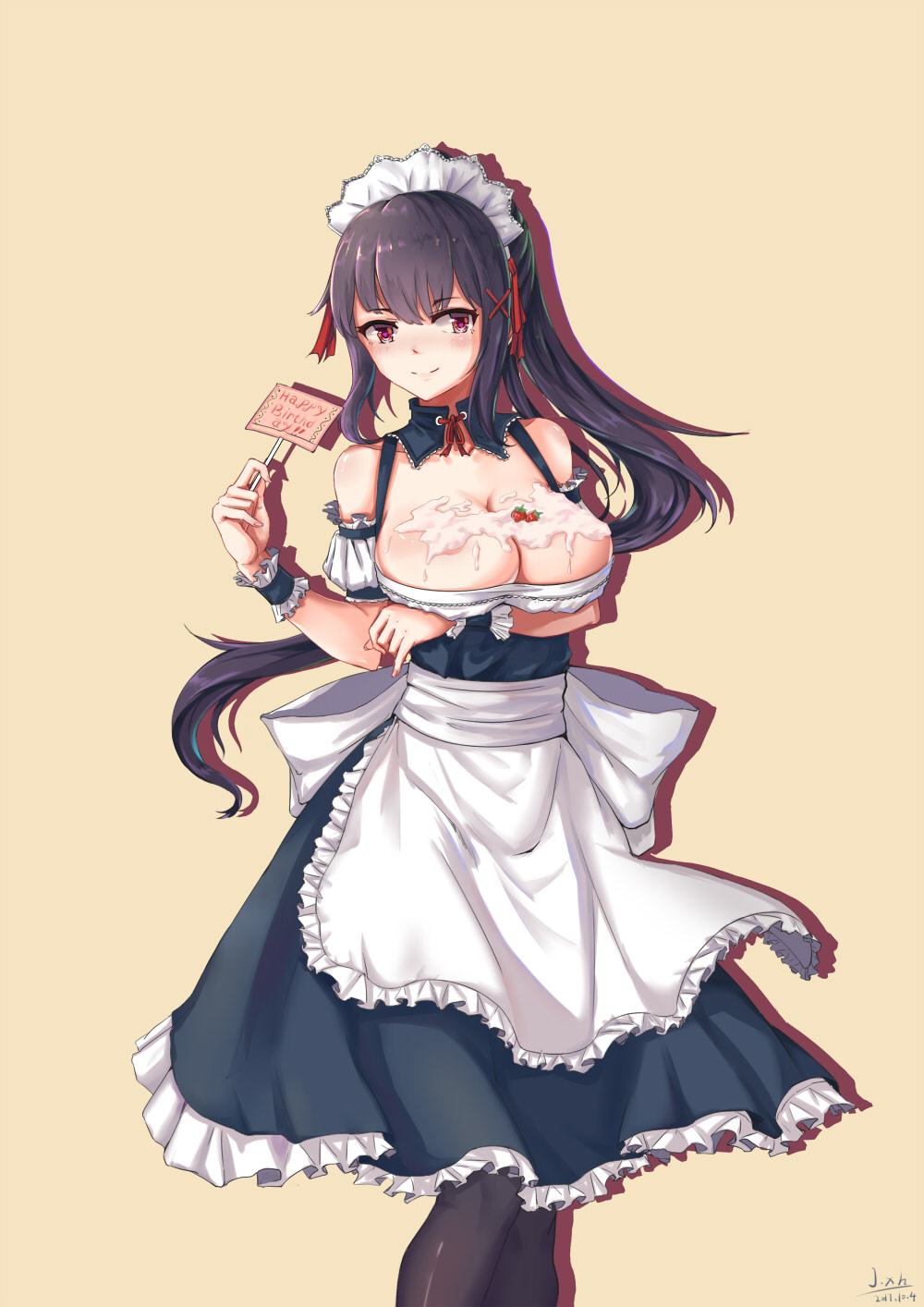 apron bare_shoulders black_hair blush breasts cleavage cream frills highres j.xh large_breasts long_hair looking_at_viewer original ponytail red_eyes sexually_suggestive solo suggestive_fluid