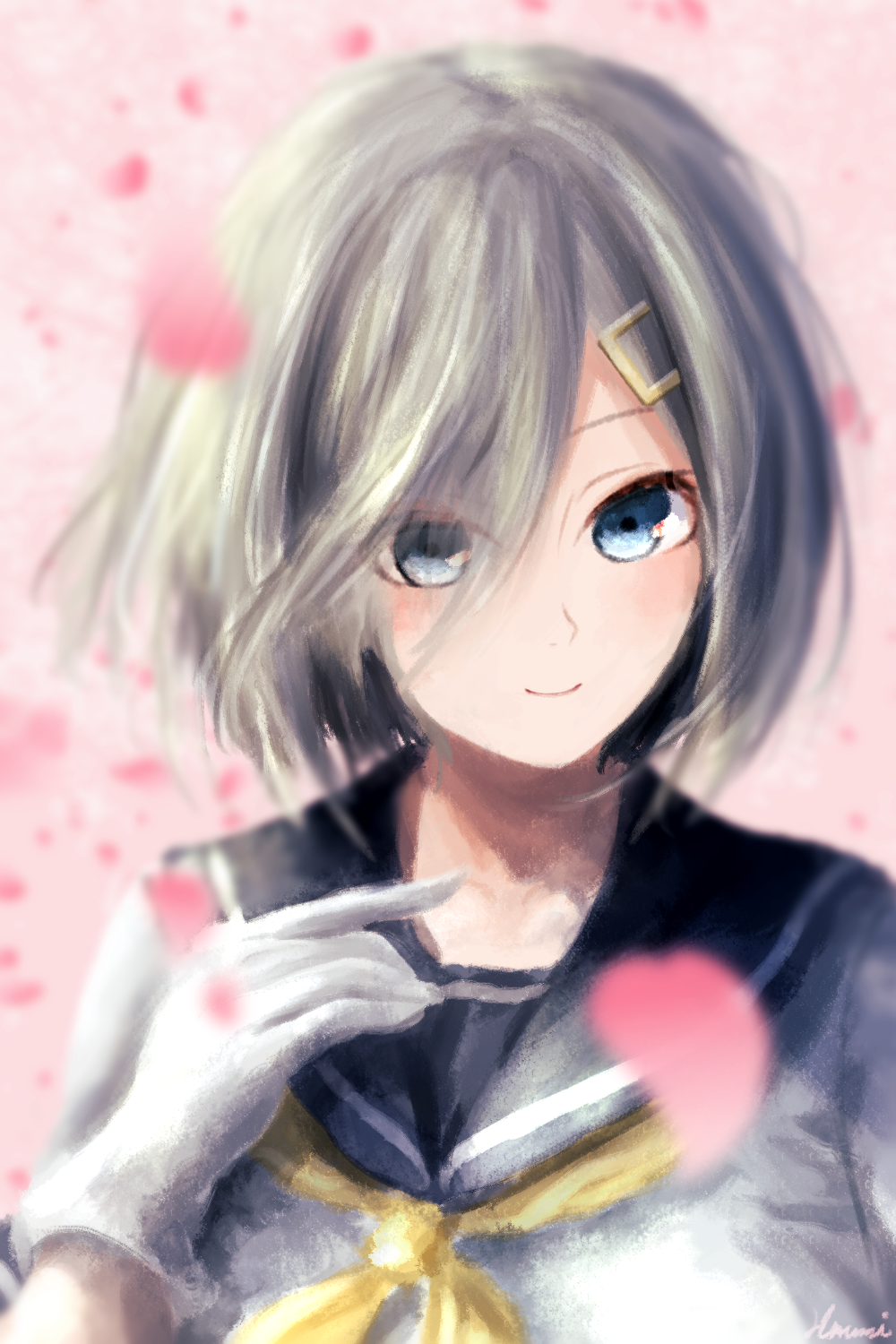 blue_eyes cherry_blossoms gloves hair_ornament hair_over_one_eye hairclip hamakaze_(kantai_collection) highres kantai_collection karumi looking_at_viewer pink_background school_uniform serafuku short_hair silver_hair smile solo white_gloves yellow_neckwear