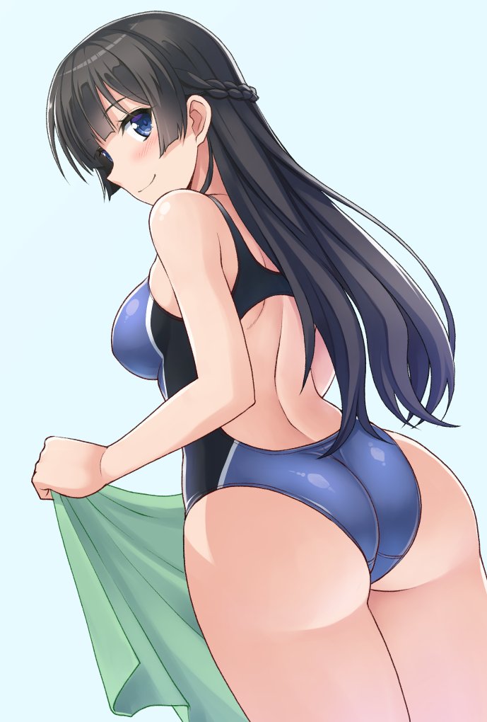 ass backless_outfit black_hair blue_eyes blue_swimsuit blush braid breasts closed_mouth commentary competition_swimsuit hormone_koijirou long_hair looking_at_viewer looking_back medium_breasts nijisanji one-piece_swimsuit smile solo swimsuit towel tsukino_mito virtual_youtuber
