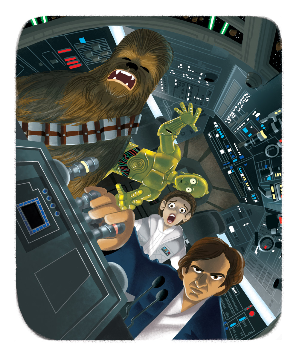2013 5_fingers border brown_eyes brown_fur brown_hair c-3po chewbacca clothed clothing detailed_background digital_media_(artwork) digital_painting_(artwork) droid dutch_angle eyes_closed fur hair han_solo human james_silvani leia_organa looking_at_viewer machine mammal millennium_falcon open_mouth raised_inner_eyebrows robot scared screaming space spacecraft star_wars vehicle white_border wire wookiee