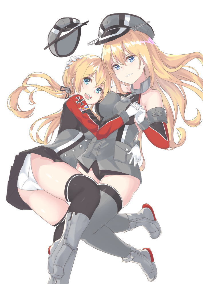 :d ass bare_shoulders bismarck_(kantai_collection) black_legwear black_skirt blonde_hair blue_eyes detached_sleeves gloves grey_legwear hair_between_eyes hat hat_removed headwear_removed kantai_collection long_hair low_twintails military military_uniform multiple_girls open_mouth panties peaked_cap pleated_skirt prinz_eugen_(kantai_collection) simple_background skirt smile thighhighs tiasis twintails underwear uniform white_background white_gloves white_panties