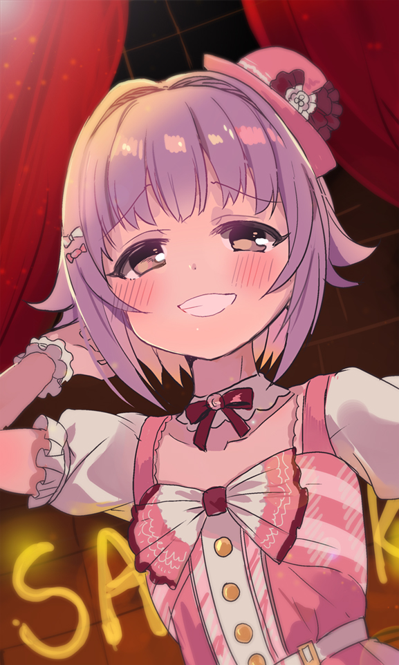 :d bangs blush brown_eyes character_name chocho_(homelessfox) collarbone curtains dutch_angle eyebrows_visible_through_hair grin hand_up hat idolmaster idolmaster_cinderella_girls koshimizu_sachiko looking_at_viewer mini_hat open_mouth pink_hat pink_shirt puffy_short_sleeves puffy_sleeves purple_hair shirt short_hair short_sleeves smile solo window wrist_cuffs