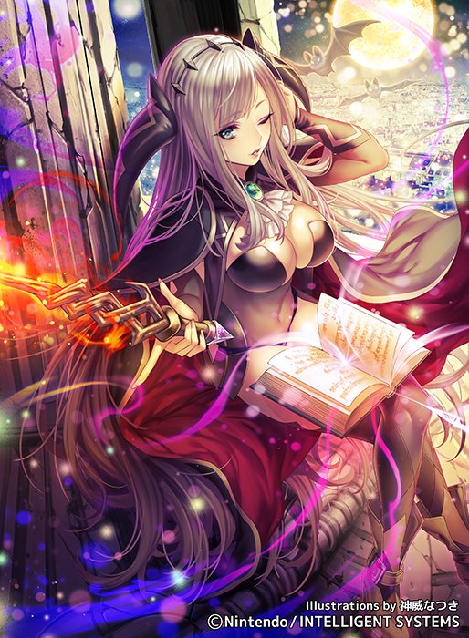 bangs bat book breasts cape cleavage commentary company_connection copyright_name crossed_legs dagger eyebrows_visible_through_hair fingernails fire_emblem fire_emblem_cipher fire_emblem_echoes:_mou_hitori_no_eiyuuou holding large_breasts lips long_hair looking_at_viewer moon n_kamui night official_art one_eye_closed open_book revealing_clothes shade_(fire_emblem) sitting solo thighhighs very_long_hair weapon