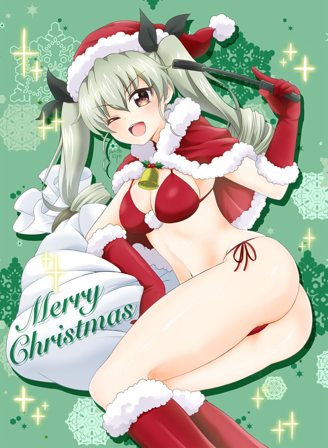 ;d anchovy arm_support artist_name ass bangs bell bikini black_ribbon breasts capelet christmas cleavage commentary cursive drill_hair elbow_gloves english eyebrows_visible_through_hair girls_und_panzer gloves green_background green_hair hair_ribbon hat highres holding jingle_bell long_hair looking_at_viewer lying medium_breasts merry_christmas navel on_side one_eye_closed open_mouth parda_siko red_bikini red_capelet red_eyes red_gloves red_hat ribbon riding_crop sack santa_costume santa_hat shiny shiny_skin side-tie_bikini signature skindentation smile snowflake_background solo sparkle strap_gap swimsuit thong_bikini twin_drills twintails v-shaped_eyebrows