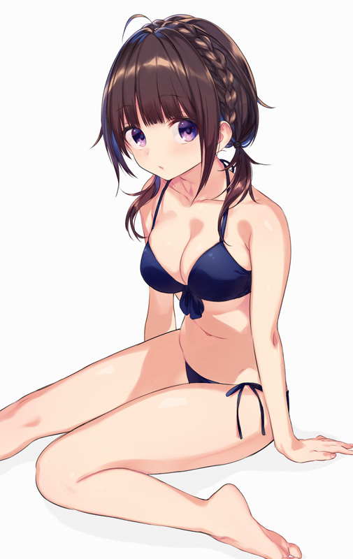 ahoge bangs banned_artist bare_legs bikini blue_bikini blush braid breasts brown_hair closed_mouth collarbone crown_braid eyebrows_visible_through_hair halter_top halterneck looking_at_viewer low_twintails medium_breasts navel original purple_eyes sidelocks simple_background sitting solo suisen swimsuit thighs twintails white_background