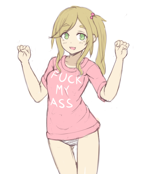 :d ass_visible_through_thighs clothes_writing drawfag english fuck-me_shirt green_eyes hands_up inuyama_aoi light_brown_hair long_hair looking_at_viewer meme_attire no_pants open_mouth panties pink_shirt profanity shirt side_ponytail sketch smile solo standing striped striped_panties t-shirt thick_eyebrows underwear yurucamp