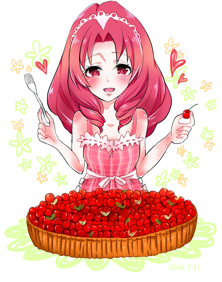 bare_shoulders berries blush dress long_hair red_eyes red_hair towa_akagi