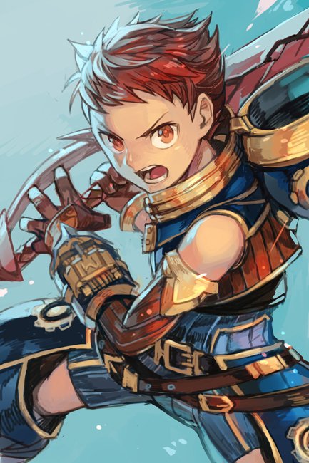 armor belt belt_buckle buckle green_background hankuri looking_at_viewer male_focus open_mouth red_eyes red_hair rex_(xenoblade_2) short_hair solo xenoblade_(series) xenoblade_2