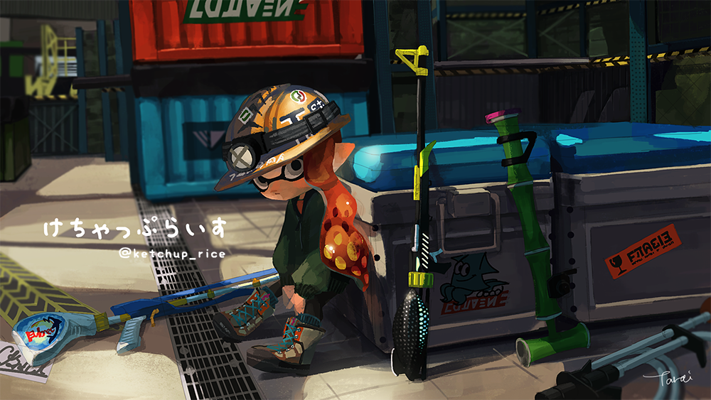 against_wall ankle_boots artist_name bamboozler_14_(splatoon) black_jacket black_pants blurry blurry_background boots classic_squiffer_(splatoon) closed_mouth commentary_request commission cross-laced_footwear depth_of_field domino_mask goo_tuber_(splatoon) grey_eyes hardhat helmet hero_charger_(splatoon) indoors inkling inkling_(language) jacket lace-up_boots leaning_back long_hair looking_at_viewer mask orange_hair pants pointy_ears signature solo splatoon_(series) splatoon_2 standing tarai_(silica5) tentacle_hair twitter_username v_arms