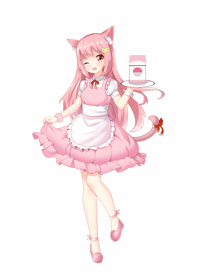 ;d animal_ears apron bangs blush cat_ears cat_girl cat_tail chihong_de_tianshi dress eyebrows_visible_through_hair frilled_apron frills full_body head_tilt holding holding_tray long_hair looking_at_viewer one_eye_closed open_mouth original personification pink_dress pink_footwear pink_hair puffy_short_sleeves puffy_sleeves red_eyes red_ribbon ribbon shirt shoes short_sleeves simple_background skirt_hold sleeveless sleeveless_dress smile solo standing standing_on_one_leg tail tail_ribbon tray upper_teeth very_long_hair waist_apron white_apron white_background white_shirt