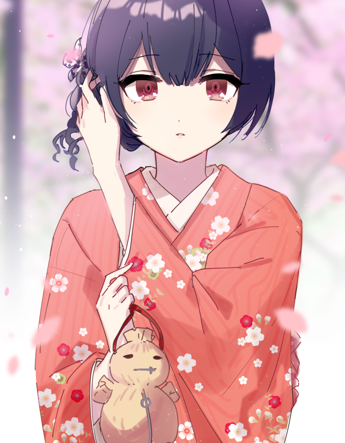 bag blue_hair blurry bokeh cherry_blossoms commentary depth_of_field doll floral_print hair_ornament idolmaster idolmaster_shiny_colors japanese_clothes kimono long_sleeves looking_at_viewer manio morino_rinze parted_lips petals red_eyes red_kimono solo wide_sleeves