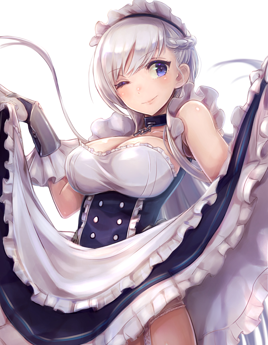 ;) apron arm_guards azur_lane bangs bare_shoulders belfast_(azur_lane) black_skirt blush braid breasts chain cleavage collar commentary_request cowboy_shot elbow_gloves french_braid frilled_apron frilled_gloves frilled_skirt frills garter_straps gloves high-waist_skirt highres large_breasts lifted_by_self lips long_hair looking_at_viewer maid maid_headdress mappaninatta one_eye_closed panties panty_peek purple_eyes revision shiny shiny_hair silver_hair simple_background skirt skirt_lift sleeveless smile solo standing swept_bangs underwear waist_apron white_background white_gloves white_panties