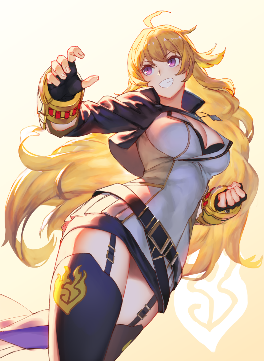 ahoge belt blonde_hair boots breasts cleavage clenched_hand commentary ember_celica_(rwby) fingerless_gloves garter_straps gloves grin izumi_sai jewelry large_breasts long_hair miniskirt open_hand pendant purple_eyes rwby simple_background skirt smile solo thighhighs very_long_hair weapon yang_xiao_long