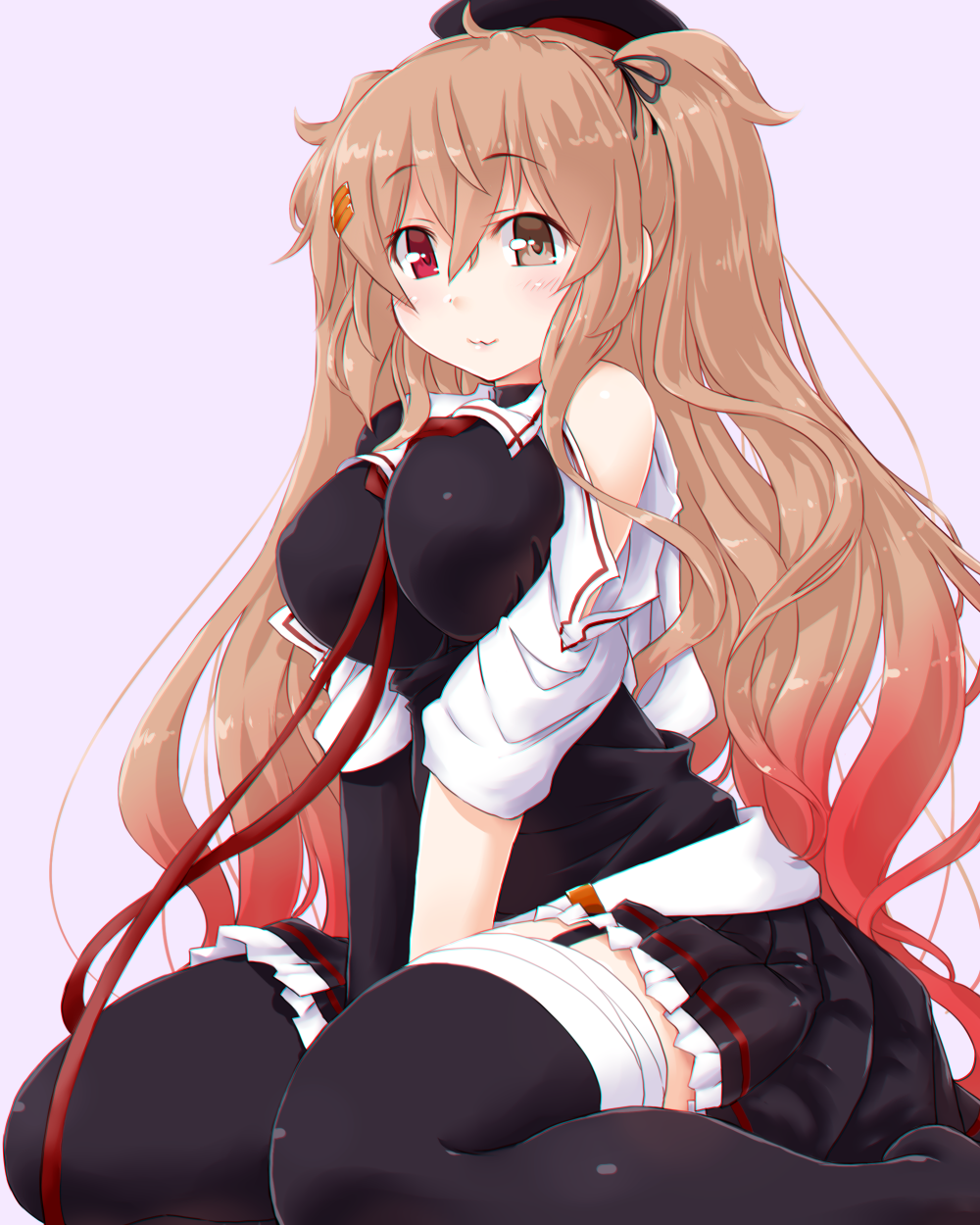 asymmetrical_clothes between_legs black_hat black_legwear black_serafuku breasts brown_eyes dd_(ijigendd) eyebrows_visible_through_hair frilled_skirt frills grey_background hand_between_legs hat heterochromia highres kantai_collection kneeling large_breasts light_brown_hair long_hair looking_at_viewer murasame_(kantai_collection) pleated_skirt red_eyes remodel_(kantai_collection) school_uniform serafuku simple_background single_sleeve sitting skirt solo two_side_up very_long_hair wariza